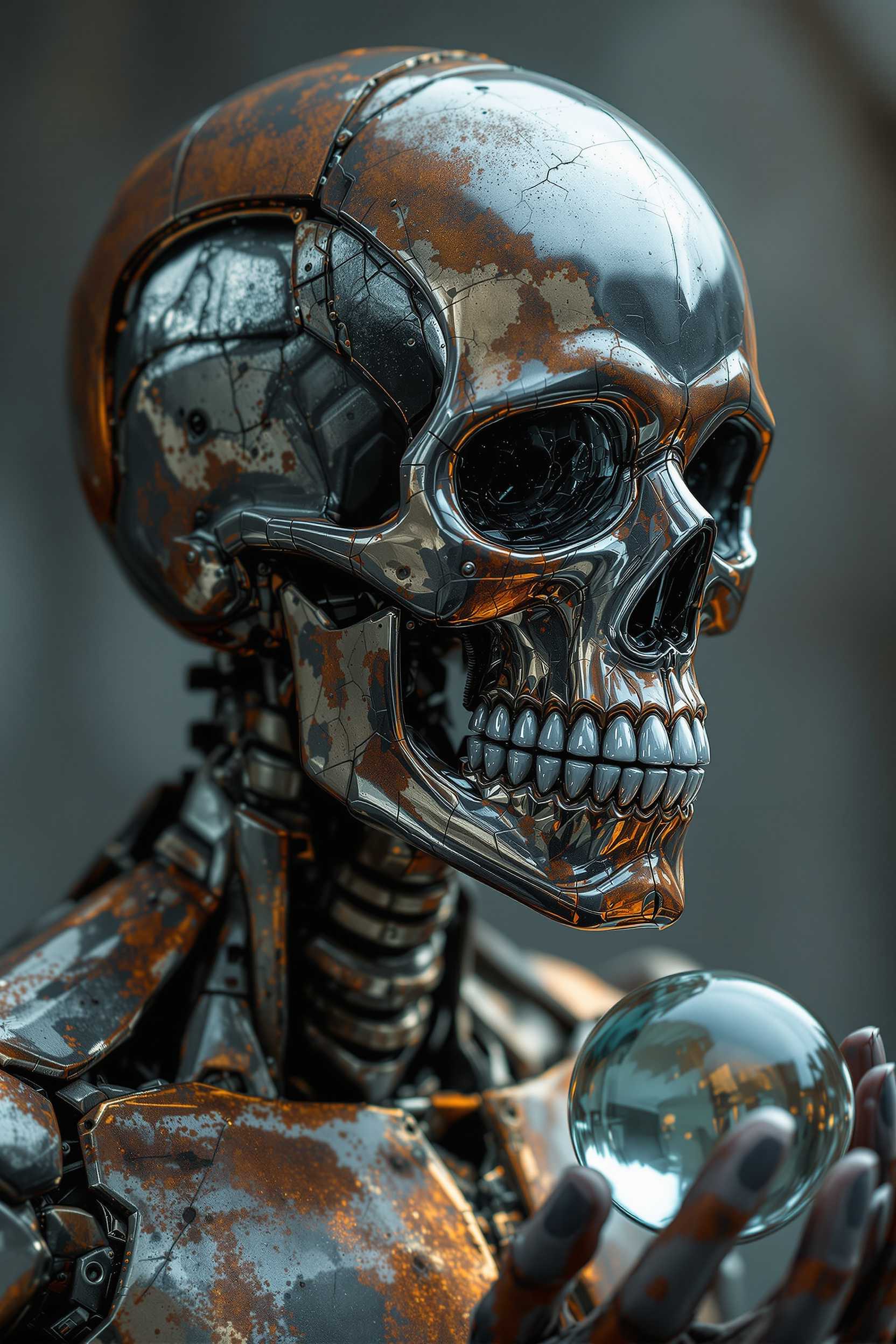 Humanoid figure - its Metal, heavily corroded body full of scratches and cracks resembles rusty iron. Head covered with perfectly matched, shiny glass structure - perfectly reflecting the shape of the shiny skull, which precisely surrounds the skull, emphasizing its shape and creating the effect of freezing in time. figure holds a glass ball. surreal atmosphere. Ultraphotographic hd 8k. Ultra-detailed image.