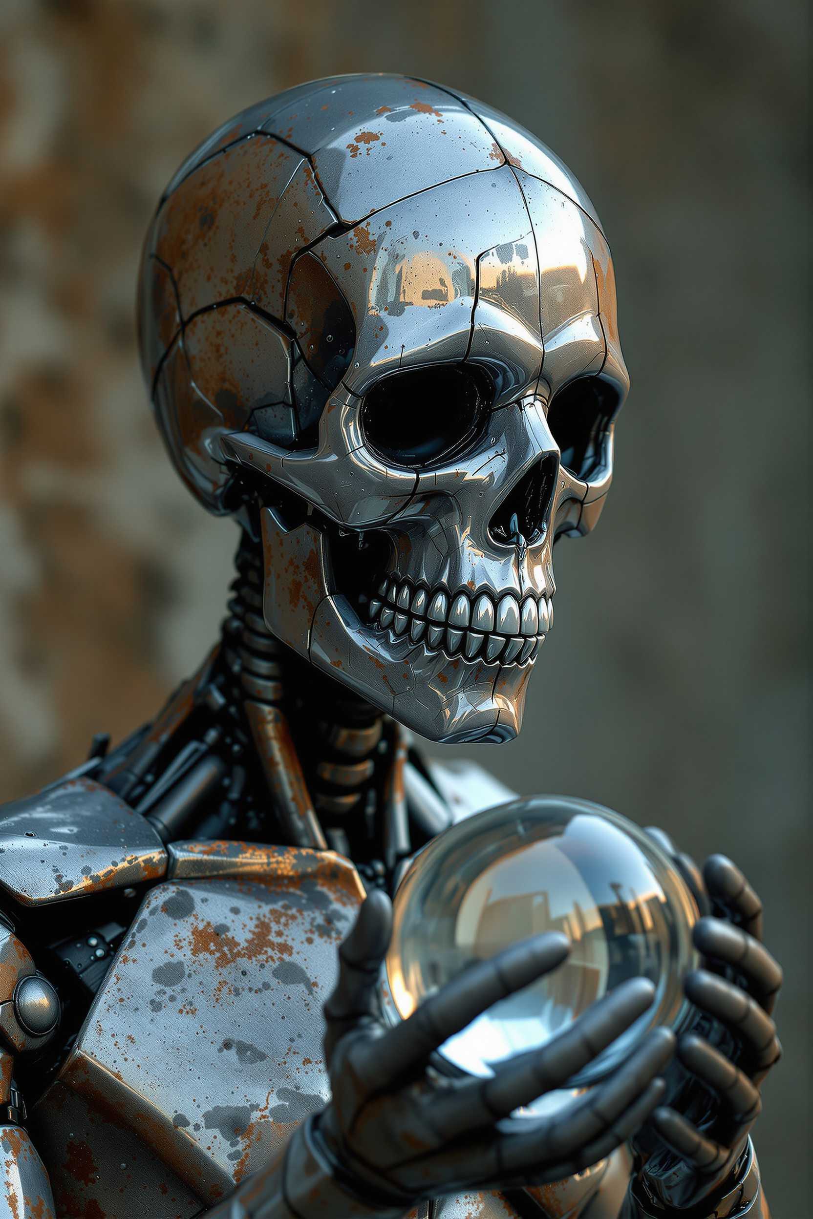 Humanoid figure - its Metal, heavily corroded body full of scratches and cracks resembles rusty iron. Head covered with perfectly matched, shiny glass structure - perfectly reflecting the shape of the shiny skull, which precisely surrounds the skull, emphasizing its shape and creating the effect of freezing in time. figure holds a glass ball. surreal atmosphere. Ultraphotographic hd 8k. Ultra-detailed image.