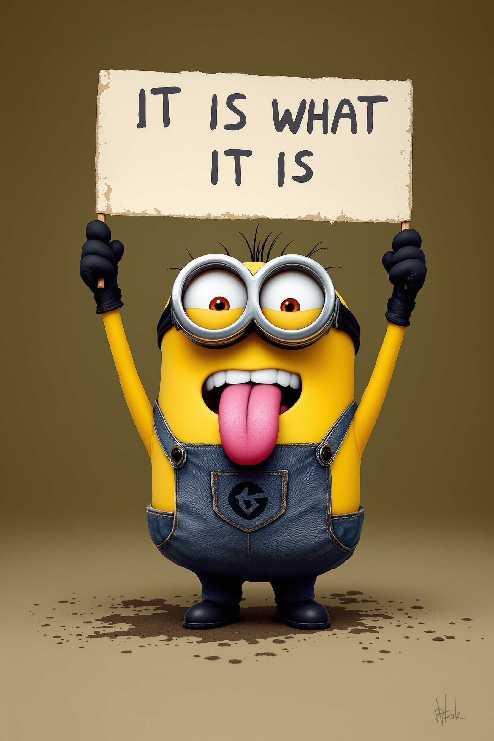 Create a minion sticking his tounge out, with a smirk and holding a sign above his head that reads "IT IS WHAT IT IS" 