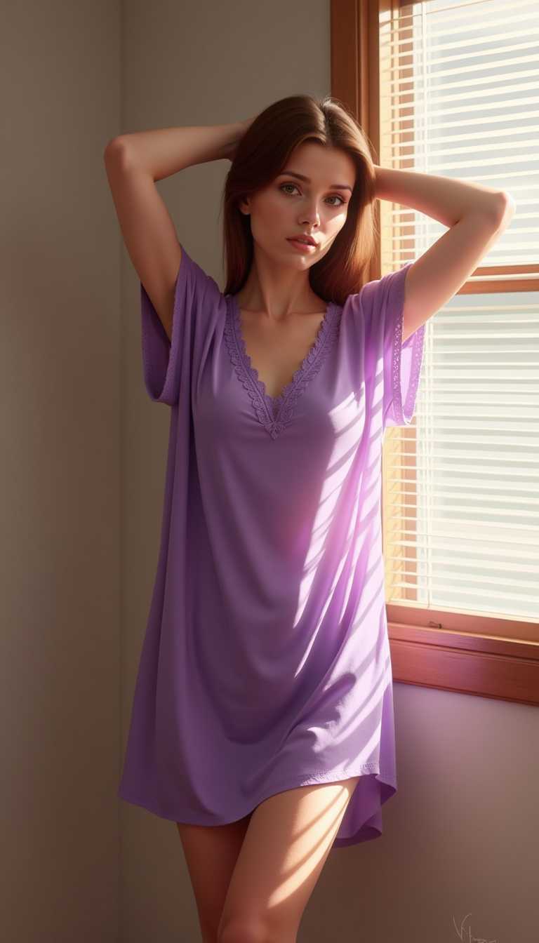 This image portrays a person standing indoors, with one arm raised and placed behind their head, fingers interlocked, and the other arm hanging by their side. The individual is wearing a flowing, shortsleeved, purple garment that drapes elegantly around their body, with a lace trim at the neckline and waist, giving a sense of delicate femininity. The fabric of the garment appears soft and lightweight, suggesting a comfortable, possibly cotton blend material.The art style of the image is realistic with a touch of softness, likely achieved through a combination of careful posing and lighting. The medium seems to be digital photography, given the clarity and sharpness of the details.The colors in the image are warm and muted, with the purple of the garment standing out against the neutral tones of the background. The light source appears to be coming from the right side of the frame, casting a gentle glow on the subject and creating a play of light and shadow that adds depth to the composition. The shadow on the wall behind the subject is elongated and soft, indicating a diffused light source.In the background, there is a window with horizontal blinds that are slightly open, allowing sunlight to filter through and create a pattern of light and dark on the wall. The window frame is made of wood, giving a sense of warmth and traditional design. The wall behind the window is painted in a light, neutral tone, which contrasts with the subjects purple garment and the darker tones of the window frame.The overall atmosphere of the image is serene and tranquil, emphasized by the soft lighting and the relaxed posture of the subject. The composition is balanced, with the subject placed centrally and the background providing a sense of space and calm.