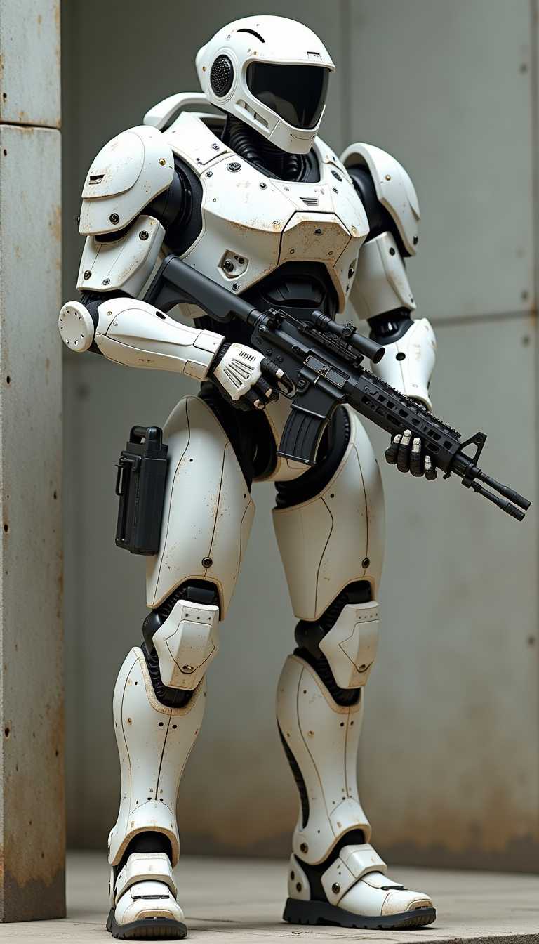 A white humanoid robot with a full-face helmet and shoulder pads, holding an assault rifle in each hand, standing at attention against concrete walls. The armor is detailed with metallic textures, and there is some dirt on the surface of its body. It has military boots for feet, dressed as a modern soldier. In the style of video game concept art.