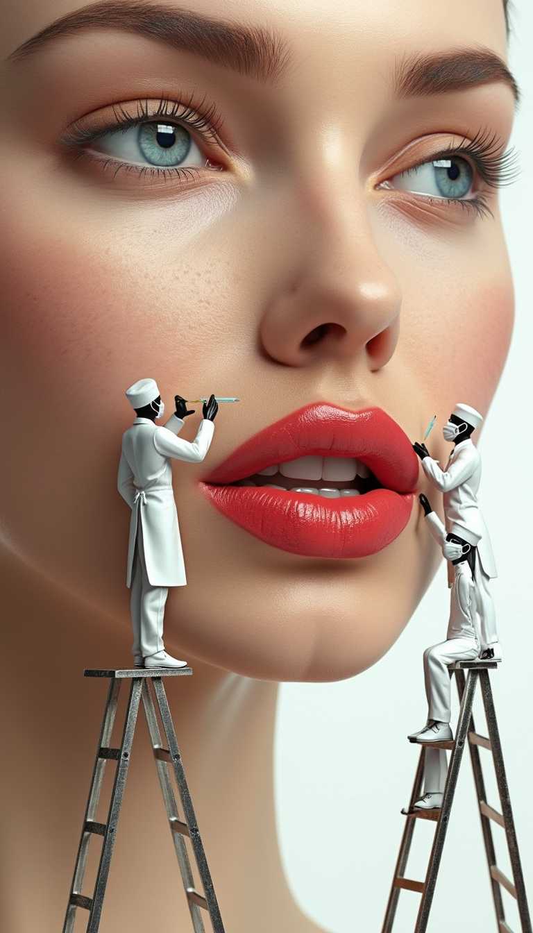 Ultra-realistic close-up portrait of a woman with very realistic skin, piercing blue eyes, and full red lips. She has natural fine lines and wrinkles. The background is pure white. Three incredibly tiny, hyper-realistic cosmetologists, each no taller than a few millimeters, stand on miniature ladders near her lips. They are dressed in white medical uniforms and carefully inject beauty treatments into her lips and surrounding skin. One holds a tiny syringe, another smooths the skin, and the third prepares the next injection. The focus is on the interaction between the tiny cosmetologists and the woman's realistic face. 8K 
