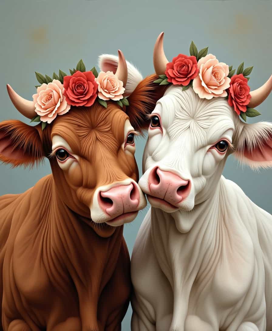 Oil painting of two cows, one brown and the other white, with flower crowns on their heads. Close-up portrait with a gray background, in a vintage style with soft lighting and a romantic atmosphere. The cows have cute expressions, warm tones, and rich details.
