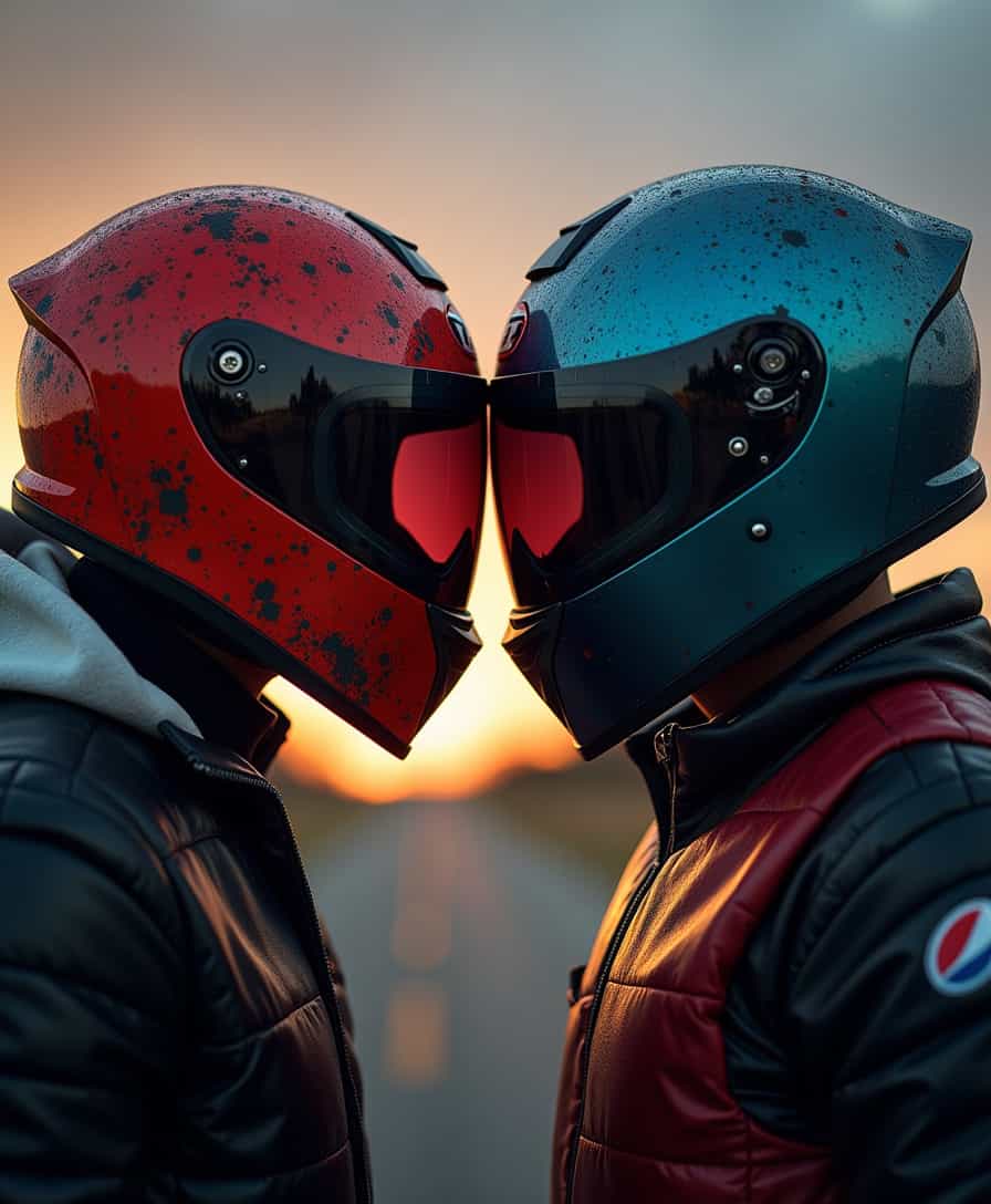 Two motorcycle helmets forming a heart, hyperreal