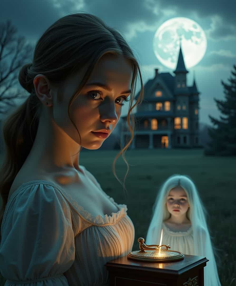 A young woman with big clear eyes, clutching an antique music box, haunted expression, bathed in moonlight. Beside her, a ghostly, translucent girl in a flowing dress. Behind them, silhouette of a Victorian mansion under a cloudy, full moon sky.