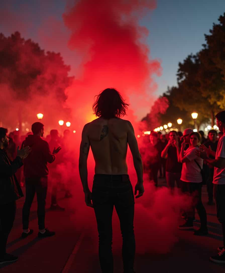 A rally of punk anarch in the middle of a city square, red smoke, People applauding, LA Park square, Freedom Rally, by night