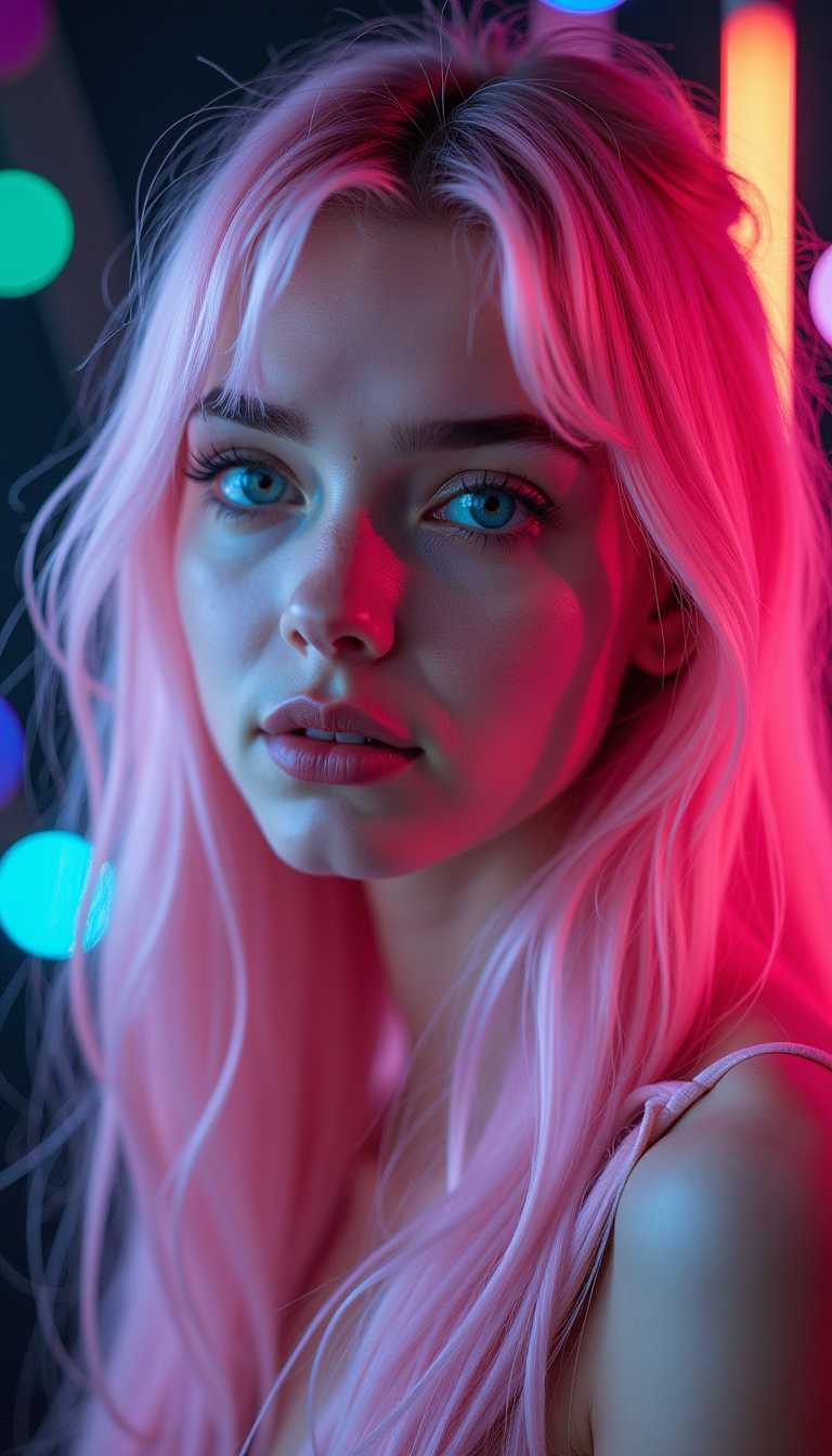 girl with long light pink hair and blue eyes, glossy lips, colorful lights in a dark background