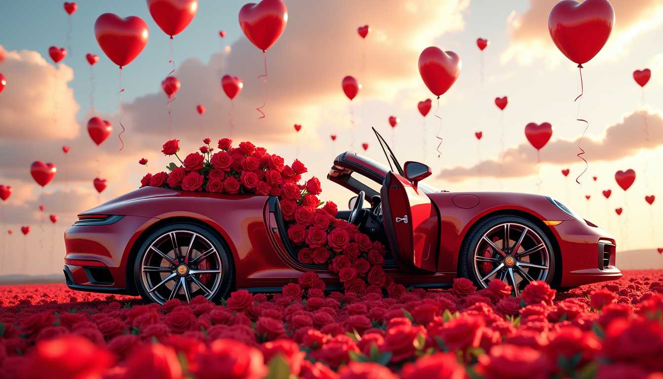 A luxurious maroon Porsche with its door open, where vibrant red roses gradually emerge from the front seat and cascade outward onto the ground. The rich floral arrangement contrasts beautifully with the sleek car interior. Above, the sky is adorned with countless heart-shaped red balloons floating gracefully, creating a romantic and dreamy atmosphere. The scene is captured using a Canon EOS-1D X Mark III, adding an authentic photographic quality with soft natural lighting enhancing the details of the car and the cascading flowers