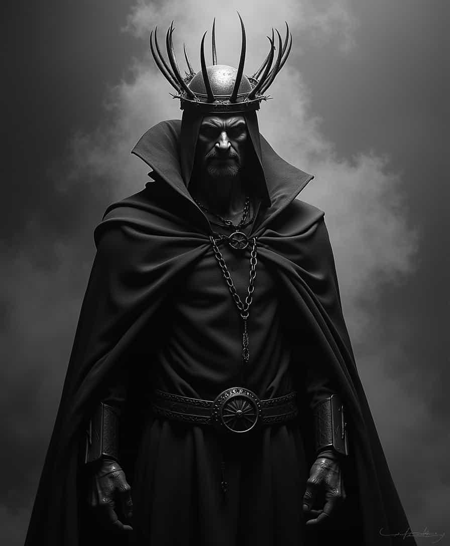A black and white portrait of an ominous figure in dark attire, wearing a crown made from barbed wire and spikes, set against the stark backdrop of night with subtle hints of fog or mist, creating a mysterious atmosphere. The character's face is obscured by shadows, adding to their enigmatic aura. They appear powerful yet menacing, embodying both fear-inspired elements and a divine presence. Their posture exudes confidence and strength as they stand tall amidst the darkness.