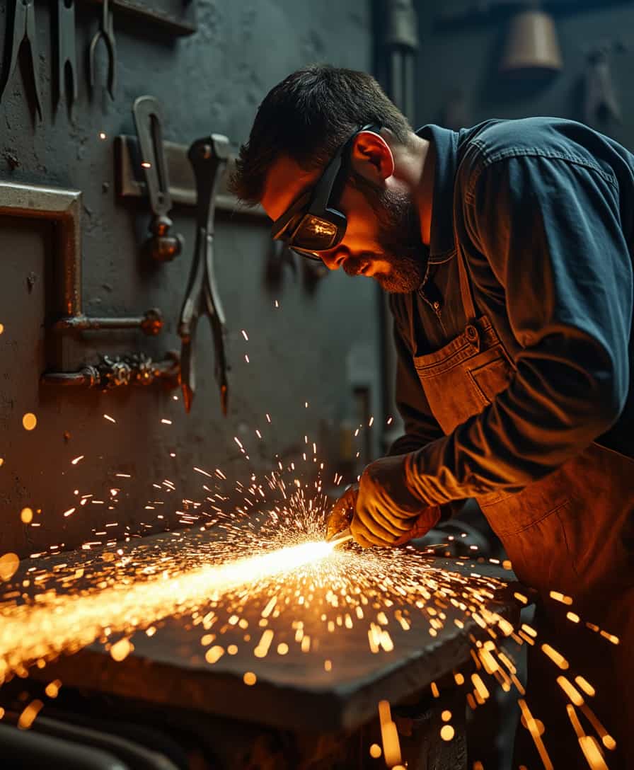 A scene of a worker sharpening a golden sword blade using a rotating grinding wheel. The golden blade rests firmly against the spinning wheel, sending out a cascade of brilliant sparks as the metal edge is honed to perfection. The surface of the sword glimmers intensely, reflecting both the sparks and the warm ambient light in dazzling patterns. The worker, dressed in protective gear including goggles and gloves, leans in with focused precision, firmly guiding the blade along the grinding wheel. The workshop is illuminated by a combination of the forge's warm glow and the fiery sparks that light up the scene. Metal tools and blades hang neatly in the background, adding to the industrial atmosphere. Shadows shift dynamically with the movement of the grinding sparks, emphasizing the cinematic intensity of the moment. Super-16(Cinema), Extremely rich lighting and surface details, Ultra detailed, Expert-level imagery, hyper-realistic cinematic quality, ultra-high resolution, highly detailed visuals, 128K, Cinematic Lighting, 