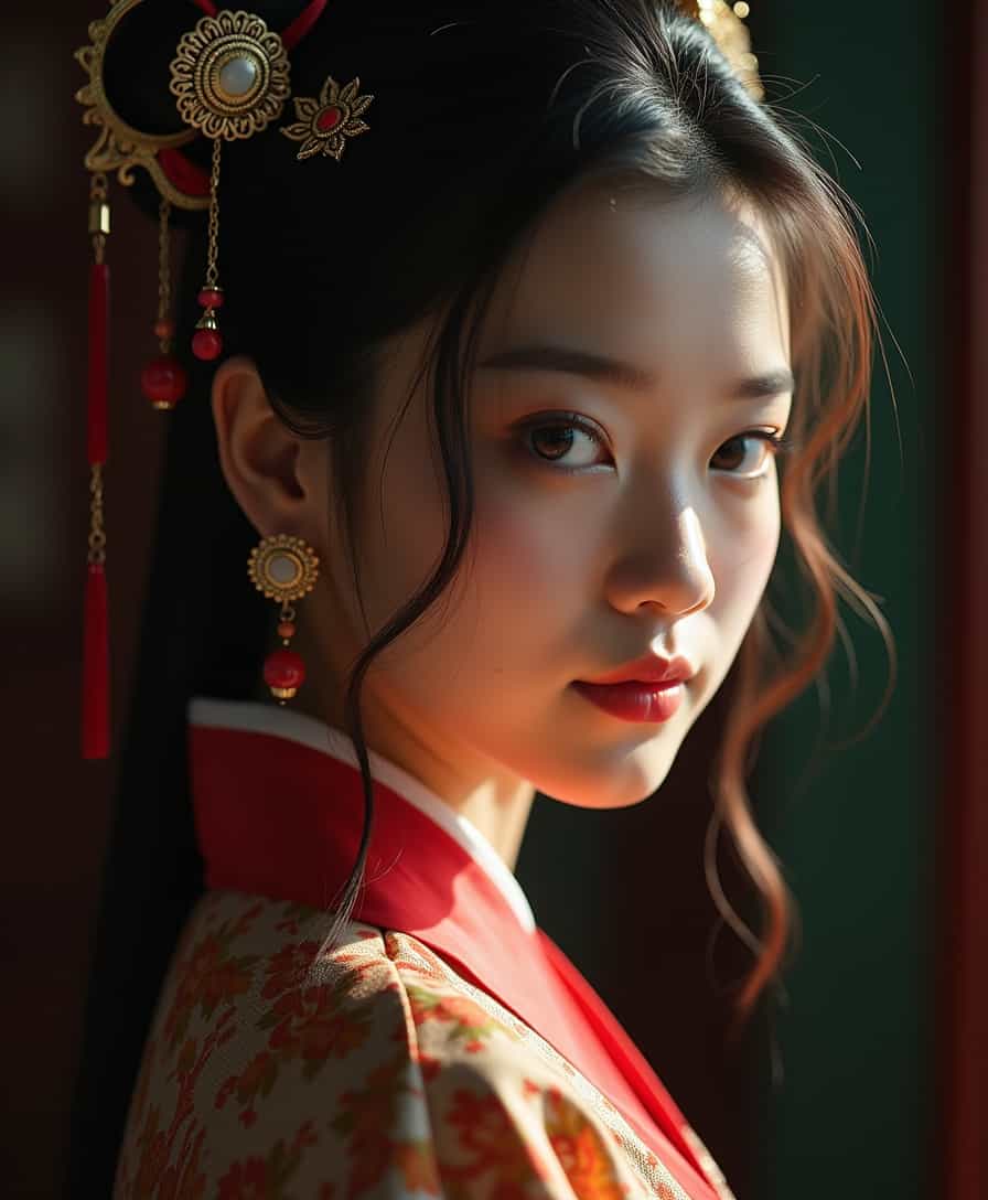 A Latin American girl wearing traditional Chinese style jewelry, including earrings, pendants and hairpins, wearing Chinese Hanfu, the girl has slightly dark skin, the girl is looking back sideways, close-up of the upper body, the camera is looking down slightly, high definition, Zhang Yimou movie style, movie lighting, high contrast, shadows, light and dark, 8k, ultra details.