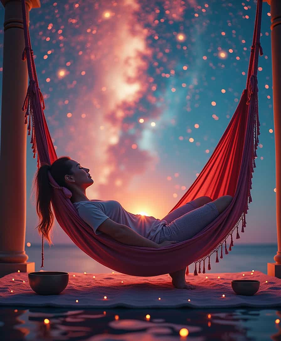 cosmic ambience, light colors. hanging yoga hammocks where someone lies down and relaxes. singing bowls. an atmosphere of immersion and meditation.