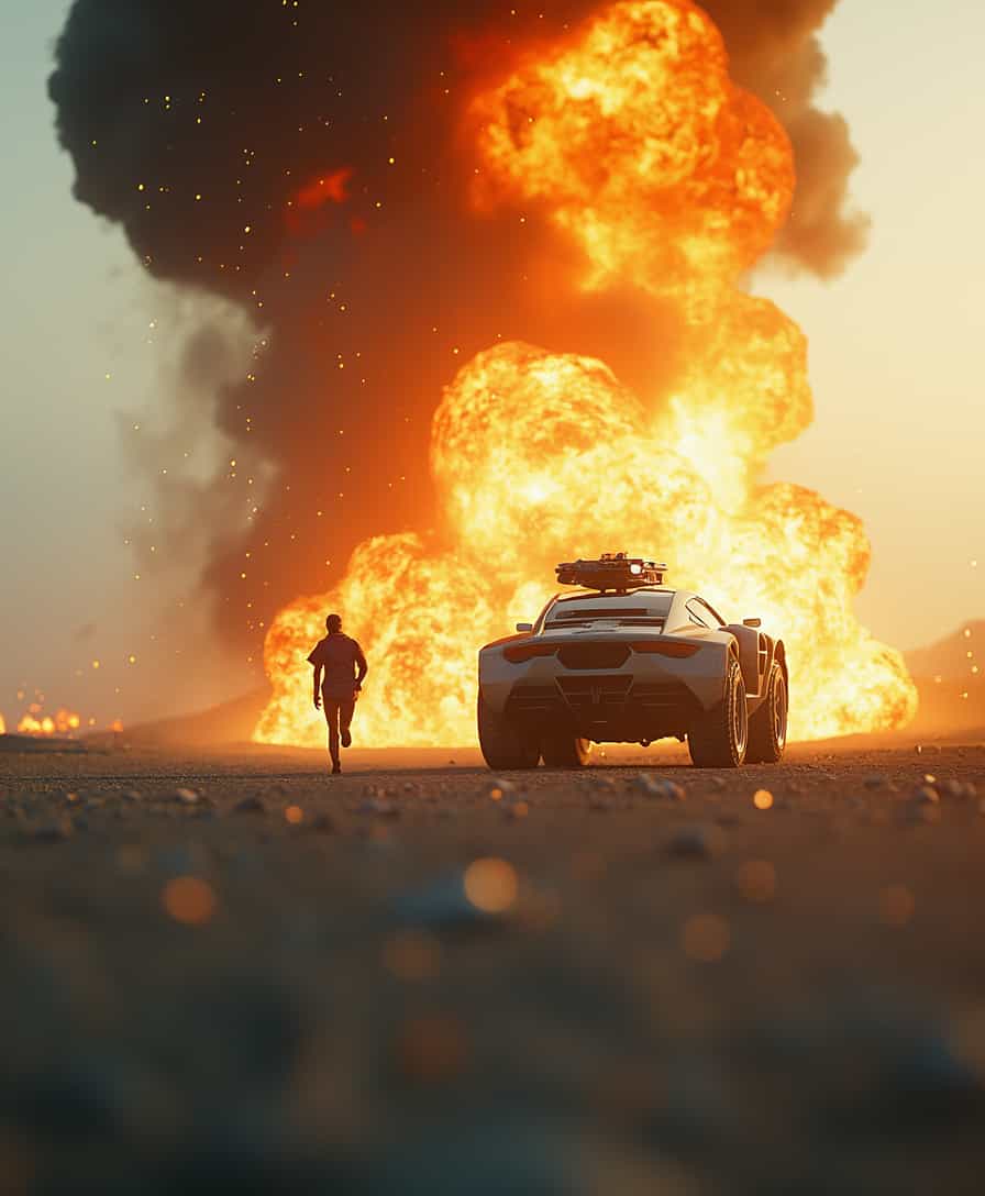 combustion risk escape as a futuristic vehicle explodes in the distance, a lone survivor sprinting away from the fiery blast. Copy space for text, focus cover all object, deep depth of field 
