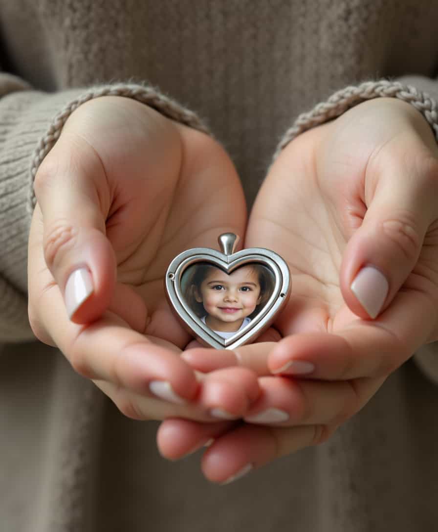 Ultra-realistic photo of woman's hands gently holding a modern small tiny silver locket, slightly open to reveal a childhood photo of a 3-4 year old girl inside. The locket has a sleek and minimalistic design, polished metal surface reflecting light. The image is captured with high detail, professional studio lighting, neutral color tones, clean background 