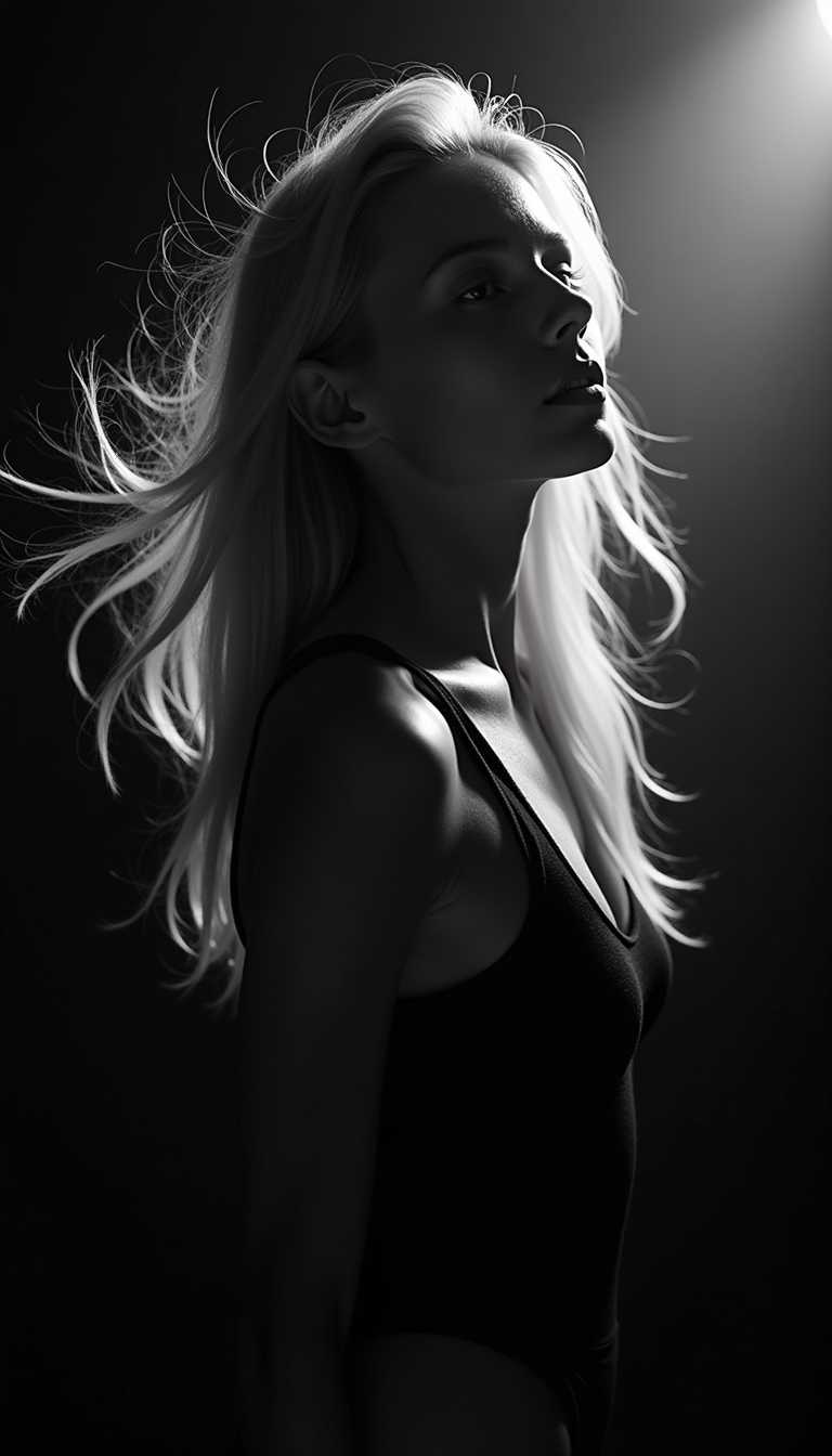 A black and white photograph of an attractive woman, her hair blowing in the wind. The title "jedrolil.com" is written in the top right corner. The background is dark, with light shining from the upper left side, creating an overall mysterious mood. The woman has long blonde hair and is wearing minimalistic . The lighting provides contrast between the shadowy parts of her face and body. The photo was taken in the style of Peter Lindbergh, conveying a sense of film noir aesthetic. 