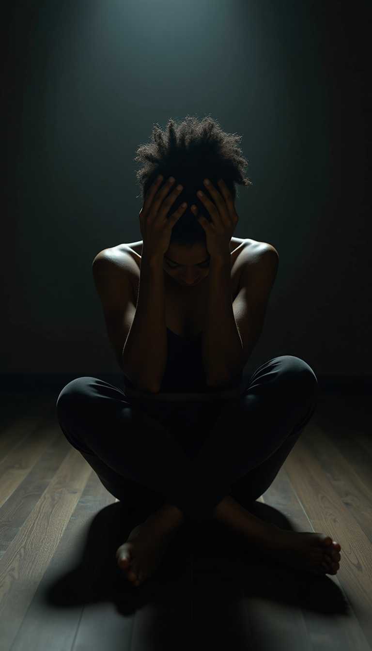 a photo of A figure, an African woman, sits in the middle of a dimly lit room. Her posture is slumped, her hands press against her forehead. symbols of the unseen weight of stress pressing in. 