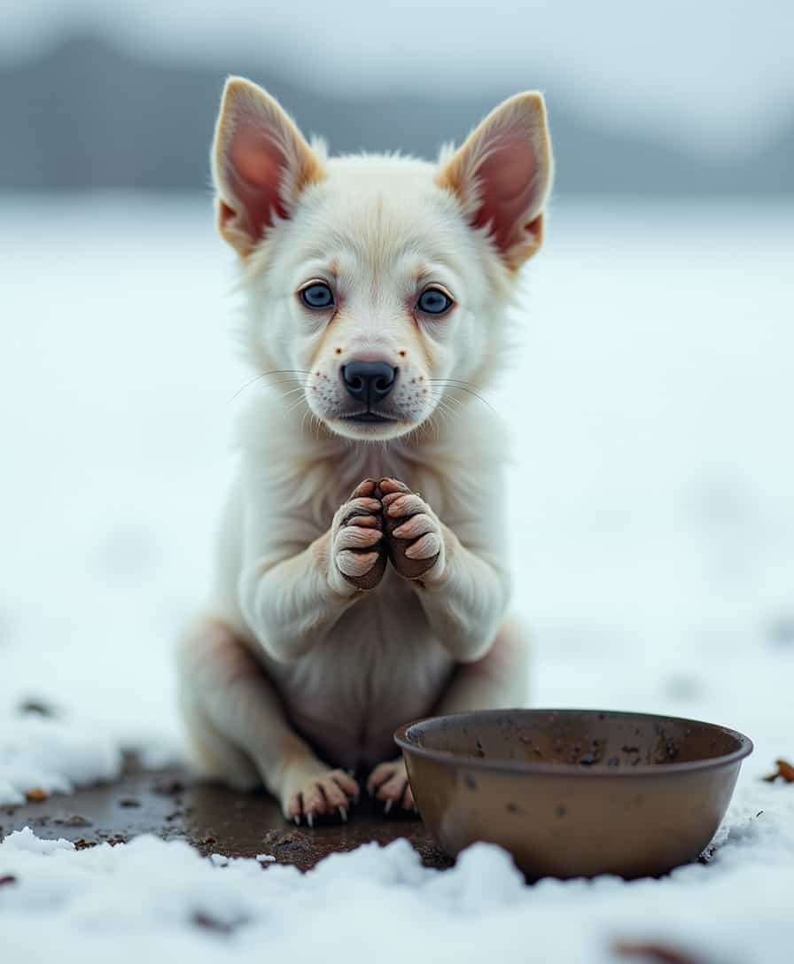 On the endless snowy plain, there is a very cute, skinny little white dog, dirty, covered with mud and water, with a pitiful expression on his face, his big eyes full of tears and helplessness, his paws clenched in prayer, the little paws are photographed very realistically, with a broken bowl next to it, blurred background, realistic style, long lens, wide angle 