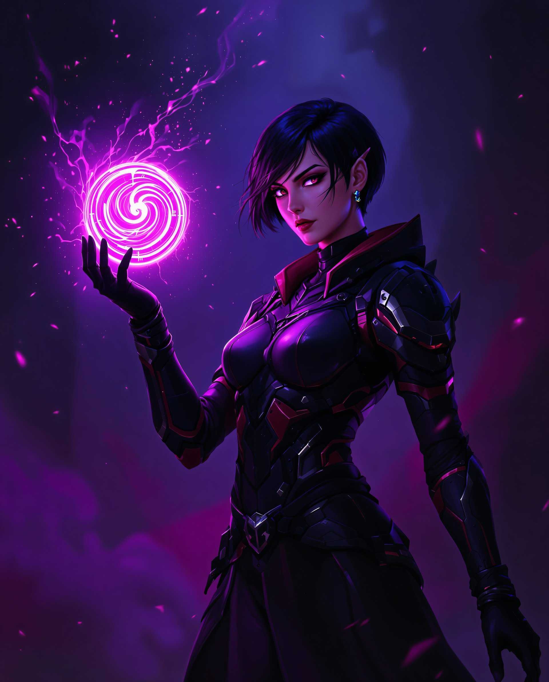 masterpiece, best quality, highres, sharp image, more detail <lora:more_details:0.5> <lora:SDXLrender_v2.0:1>, **Digital Painting of a Cyberpunk Sorceress:**

- **Subject:** A woman with short, dark hair, her expression fierce yet serene, stands in a poised stance. Her attire is a futuristic, armored outfit in black, accented with red and purple, showcasing battle scars and wear. 
- **Accessory:** In her raised right hand, she holds a luminous pink orb with a swirling, circular design, resembling a stylized clock face. The orb's light casts a soft glow on her hand, illuminating the intricate details of her armor.
- **Background:** Dark, moody with scattered sparks and particles floating around, enhancing the mystical atmosphere. The scene is set against a backdrop of deep purple, pink, and blue hues, creating a dramatic and intense environment.
- **Lighting:** Dynamic with strong contrasts between highlights and shadows, emphasizing the three-dimensional quality of the digital painting. The light from the orb and ambient lighting sources adds depth and texture to the scene.
- **Art Style:** High-tech fantasy, merging science fiction with supernatural elements. The artwork displays a cyberpunk aesthetic with magical motifs, rendered in the style of modern digital art with smooth gradients and seamless color blending.
- **Mood and Atmosphere:** The atmosphere is charged with tension and wonder, evoking a sense of impending action or revelation. The time of day could be interpreted as twilight, where the boundary between day and night blurs, enhancing the mystical and otherworldly feel.
- **Technical Aspects:** The image employs techniques like rim lighting to separate the character from the background, depth of field to focus on the orb, and particle effects to simulate magical energy. The digital medium allows for high detail, texture, and color manipulation to create a believable yet fantastical scene.
- **Composition:** The character is centered, slightly off to the left, with the orb held prominently in the foreground. The camera angle is slightly low, looking up to give her a heroic stature, with the background elements framing her to guide the viewer's eye through the scene.

This digital painting captures the essence of a cyberpunk sorceress, blending advanced technology with arcane magic in a visually stunning manner.