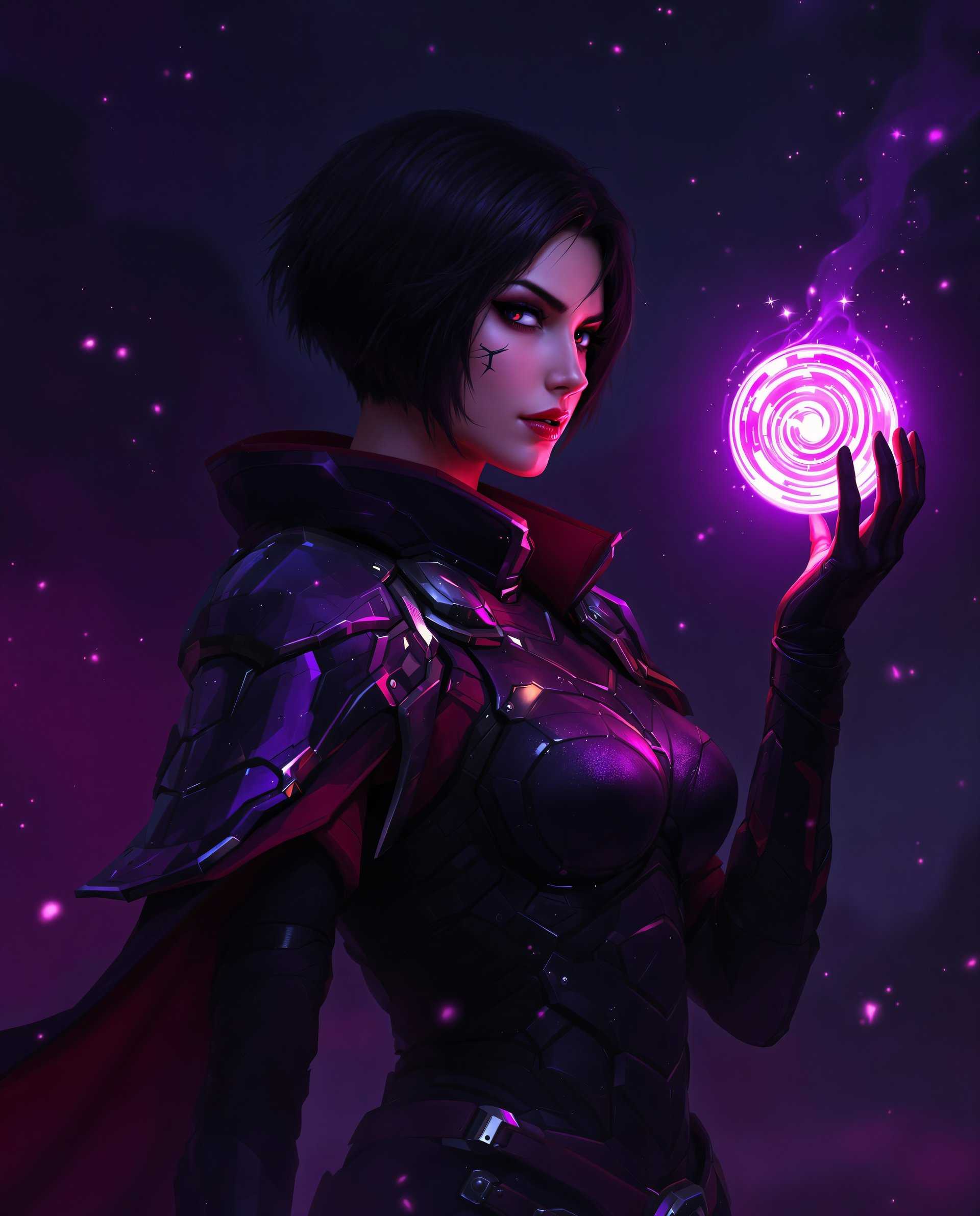 masterpiece, best quality, highres, sharp image, more detail <lora:more_details:0.5> <lora:SDXLrender_v2.0:1>, **Digital Painting of a Cyberpunk Sorceress:**

- **Subject:** A woman with short, dark hair, her expression fierce yet serene, stands in a poised stance. Her attire is a futuristic, armored outfit in black, accented with red and purple, showcasing battle scars and wear. 
- **Accessory:** In her raised right hand, she holds a luminous pink orb with a swirling, circular design, resembling a stylized clock face. The orb's light casts a soft glow on her hand, illuminating the intricate details of her armor.
- **Background:** Dark, moody with scattered sparks and particles floating around, enhancing the mystical atmosphere. The scene is set against a backdrop of deep purple, pink, and blue hues, creating a dramatic and intense environment.
- **Lighting:** Dynamic with strong contrasts between highlights and shadows, emphasizing the three-dimensional quality of the digital painting. The light from the orb and ambient lighting sources adds depth and texture to the scene.
- **Art Style:** High-tech fantasy, merging science fiction with supernatural elements. The artwork displays a cyberpunk aesthetic with magical motifs, rendered in the style of modern digital art with smooth gradients and seamless color blending.
- **Mood and Atmosphere:** The atmosphere is charged with tension and wonder, evoking a sense of impending action or revelation. The time of day could be interpreted as twilight, where the boundary between day and night blurs, enhancing the mystical and otherworldly feel.
- **Technical Aspects:** The image employs techniques like rim lighting to separate the character from the background, depth of field to focus on the orb, and particle effects to simulate magical energy. The digital medium allows for high detail, texture, and color manipulation to create a believable yet fantastical scene.
- **Composition:** The character is centered, slightly off to the left, with the orb held prominently in the foreground. The camera angle is slightly low, looking up to give her a heroic stature, with the background elements framing her to guide the viewer's eye through the scene.

This digital painting captures the essence of a cyberpunk sorceress, blending advanced technology with arcane magic in a visually stunning manner.