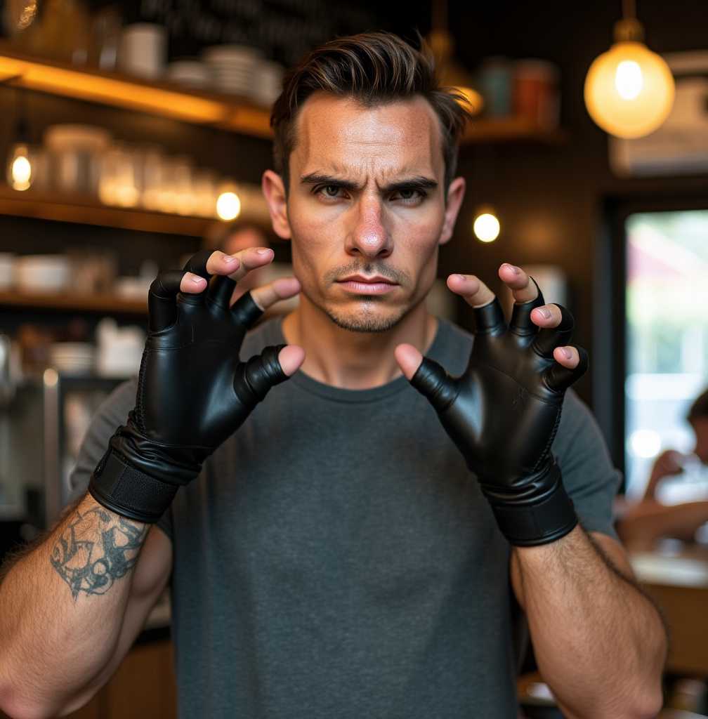 a photo of BLOVE man, standing in a cafe with a serious look on his face