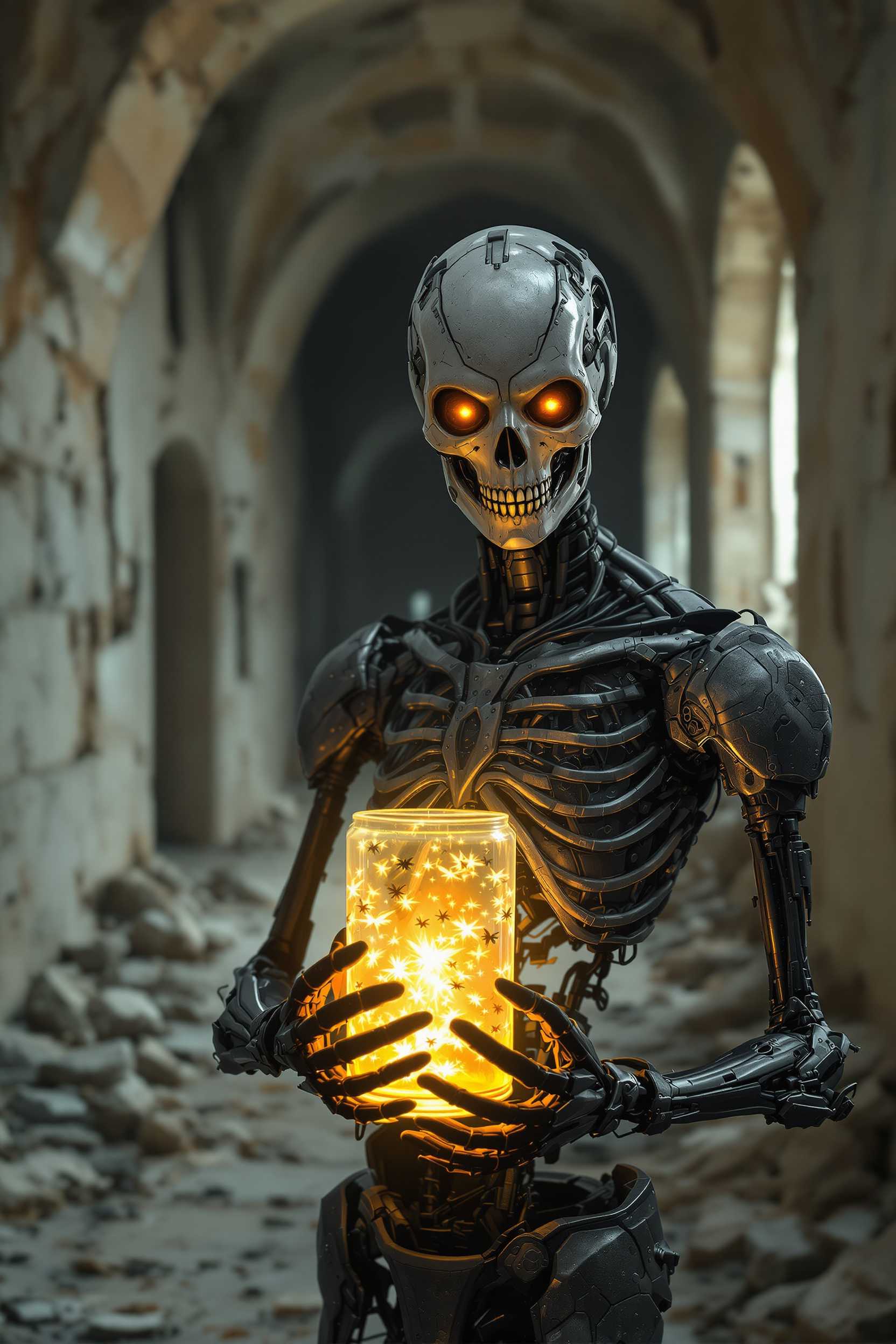 A ruined humanoid cyborg with a metallic, skeletal structure, a distinct smooth skull with visible glowing orange circuitry and exposed mechanical components, holds a glowing cylindrical glass jar with dragonflies. The jar emanates a glow reminiscent of living energy. In the background is a ruined, post-apocalyptic stone corridor with cracked walls, broken windows and scattered rubble, creating an atmosphere of mystery and decay.ultraphoto 8k full hd. dystopia.