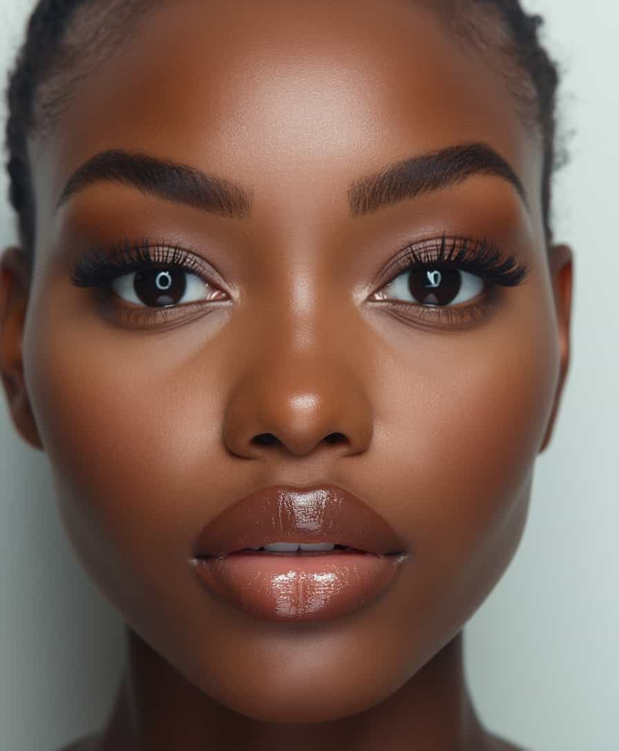 close frontal-view mugshot ::2 , 64k uhd resolution, undefined undefined woman with longer thicker detailed eyebrows, larger eyelids ::2 , hairless forehead, small button nose ::2 , undefined facial features, ebony skin, white background, neutral expression, facial symmetry, with ebony skintone, Moisture shine, texture enhancement, texture preservation,longer eyebrows, make-up, sharp, lip texture, glossy lip reflection, big fat pucker lips ::2 , glossy finish, closed mouth, lip gloss, no lashes, healthy plumped skin, attractive, cute, appealing, foundation, contour, natural