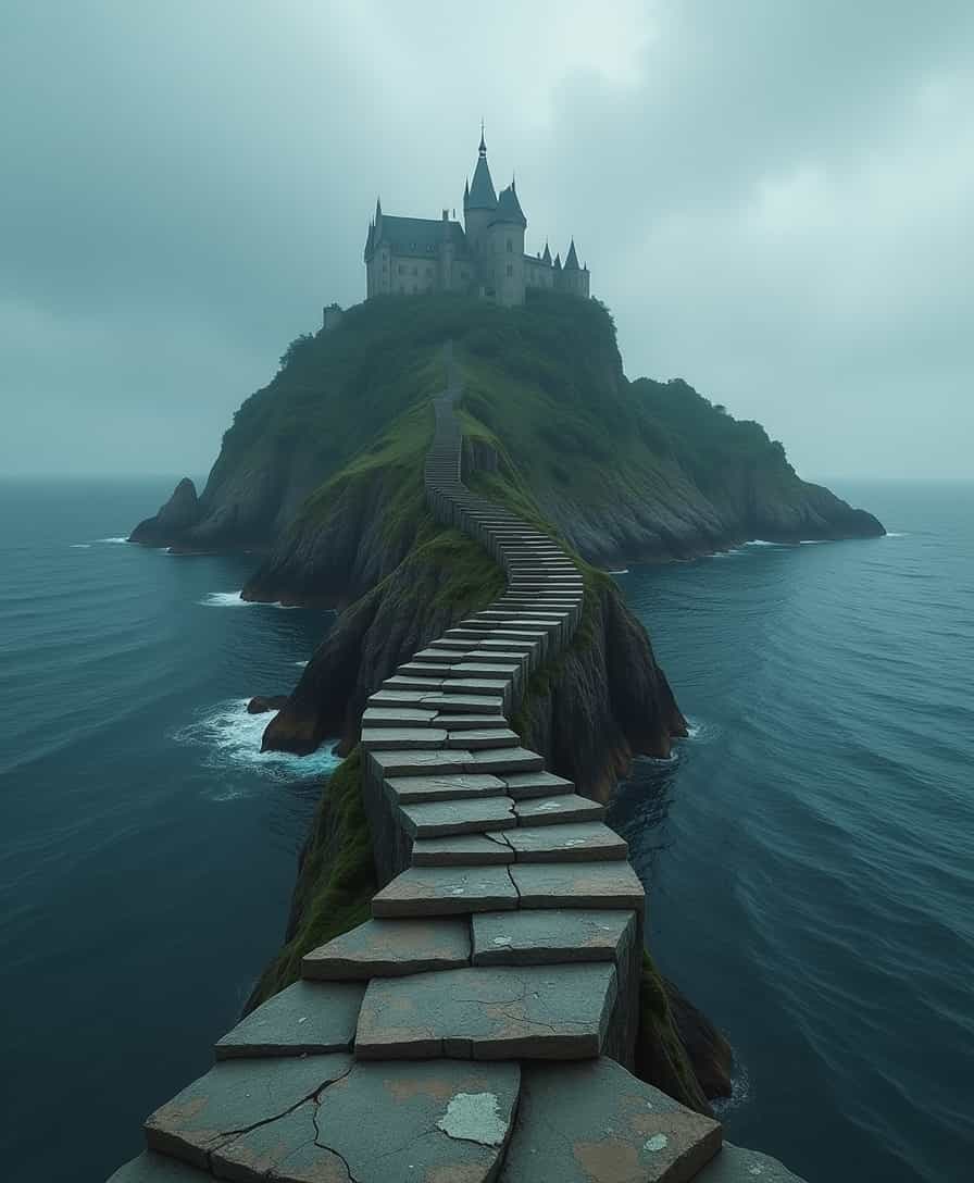 solid staircase going to an island floating in the middle of a stormy sea, with a small castle on top of it. The staircase twists slightly.