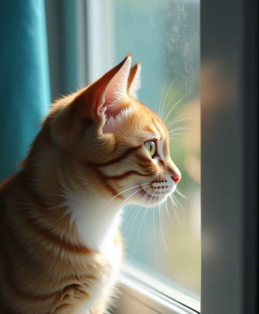Kitchen window side, background blue and white, close-up Boer cat face eyes, looking at the object outside the picture, afternoon sunshine, three-point line composition