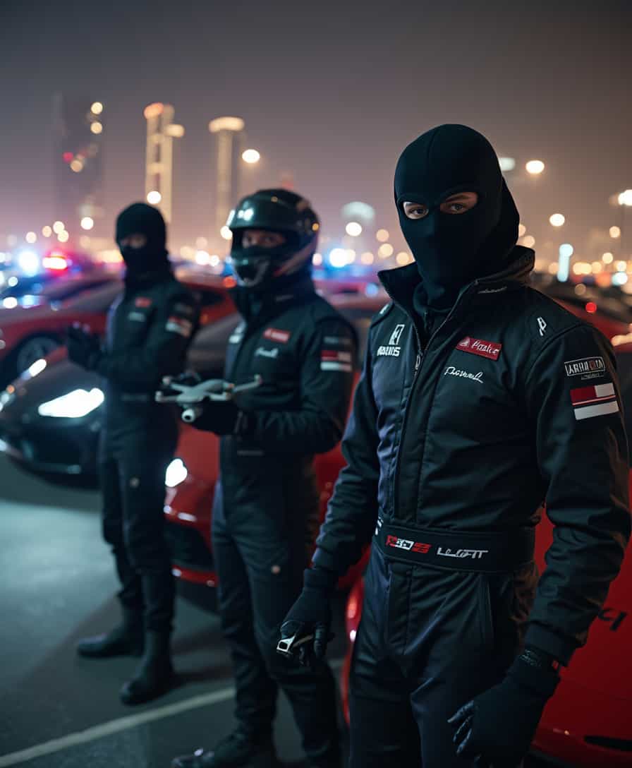 An intense shot of masked thieves dressed as racers, standing in front of a row of high-performance sports cars at night. One holds a crowbar, another adjusts a drone, while the mastermind plots the next move. Their black racing suits blend with the darkness, only their determined eyes visible under their helmets. A backdrop of Dubai’s glittering skyline and flashing police lights adds tension to the scene. The photo should be shot in a cinematic style and be rendered in a style that mimics the look and feel of kodak portra 400, full environment scene, soft light, [wide angle shot], warm muted colors, [center view], film grain, post processing, shot with leica summicron 35mm lens