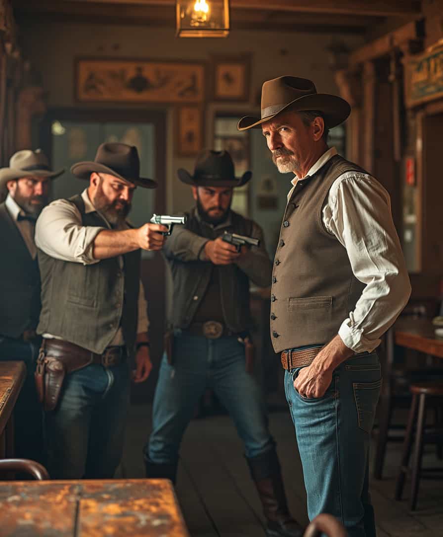 a man in a saloon, he is wearing normal clothes, he is standing on the right side, four men thugs on the left side pointing their guns to the man, the background is inside the saloon, natural lighting, photorealistic, shot with a sony A7IV 35mm F1.8