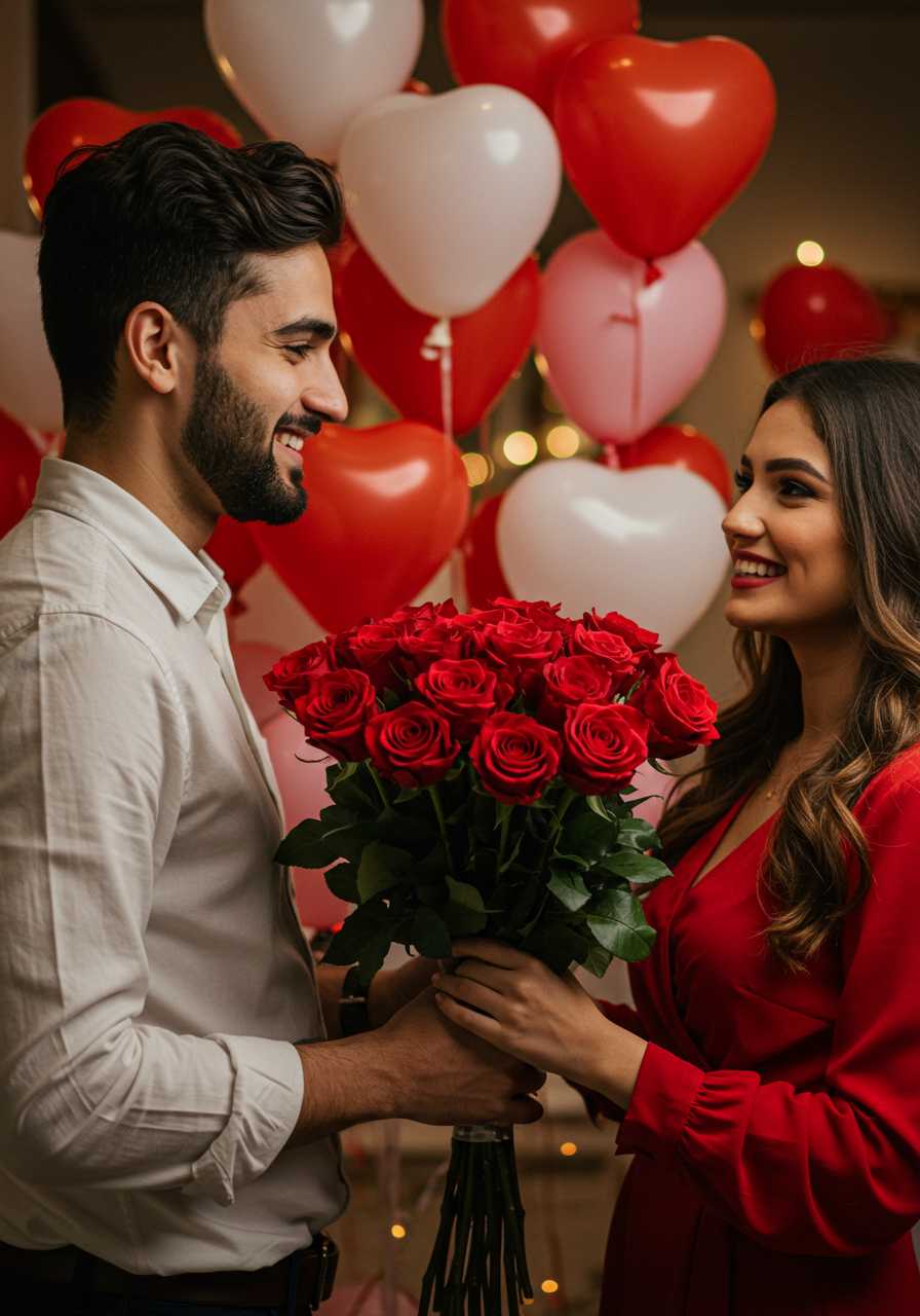 happy handsome man giving flowers to beautiful woman in dress for Valentine's day, festive atmosphere, heart-shaped balloons photo