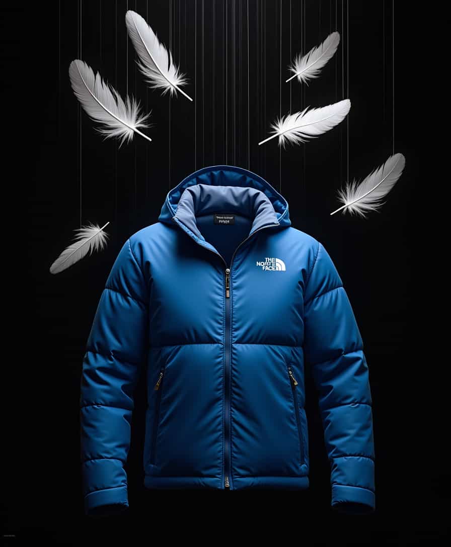 More than 10 feathers were dropped in the air by thin threads, and a blue North Face jacket was also hung in the air. Black background, sense of space, clean background with a sense of technology, feathers and texture, very light and fluffy, cg, pure, real, cinematic, ultra realistic, stunning, hyper details