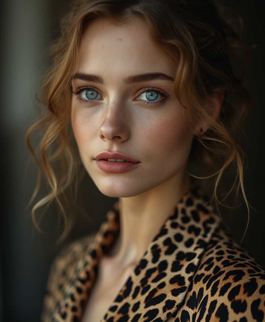 Hyper-realistic photography, Ultra sharp Faces, highly detailed, of a beautiful young Bulgarian woman with blue eyes in the 30s with a Leopard. Do it like a professional Bulgaria fashion designer, Shot with CANON EOS R3, RF 85mm, 1.2 L USM, f/16, high detail face, sharp focus, face extremely detailed, Imagine a dress that looks like the cover of a fashion magazine, 8k uhd,