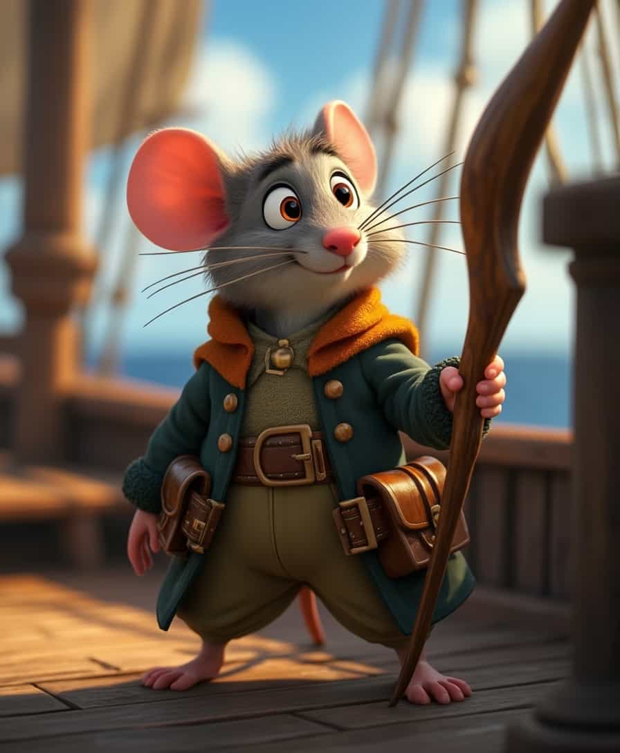 pixar character a teenager mouse with wood sward in 18 centuary clother, on board of a sea boat hold, illustrations, character design, disney, ideation, 4k, 