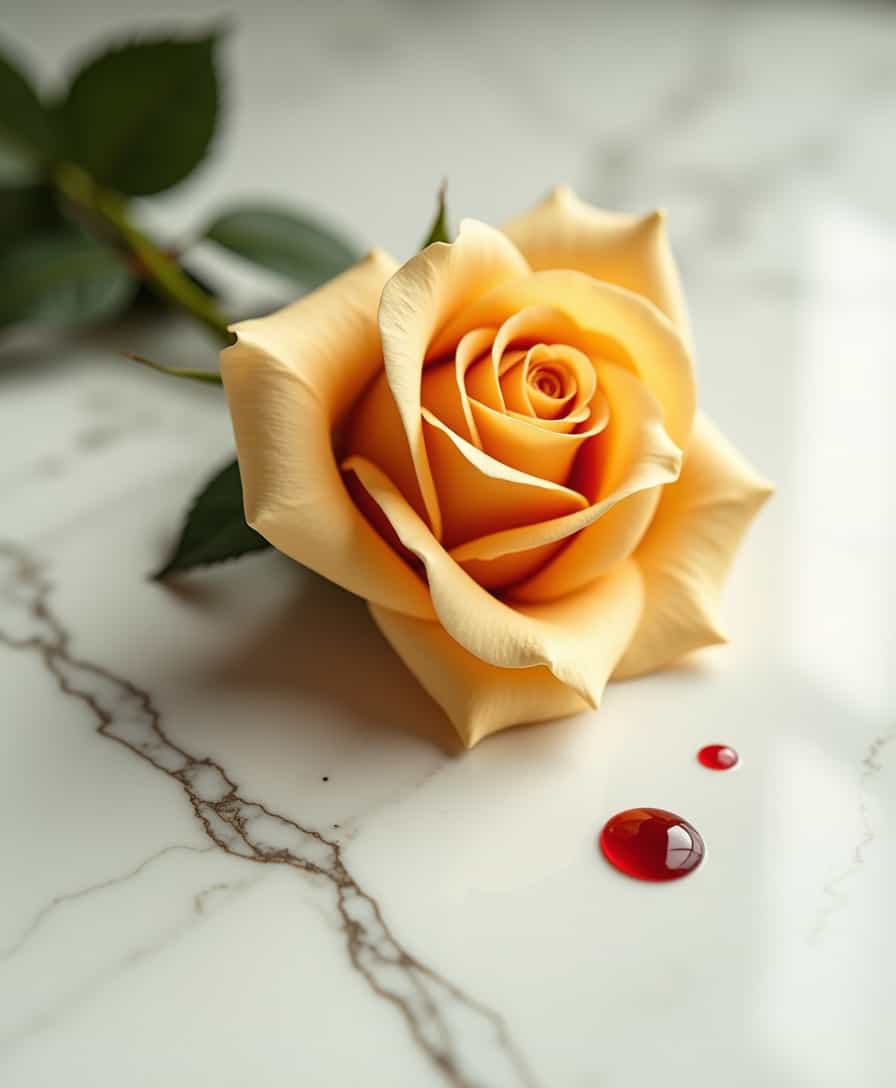A golden rose on a very classy white marble floor. A single crimson droplet fall from the rose. Elegant and realistic.