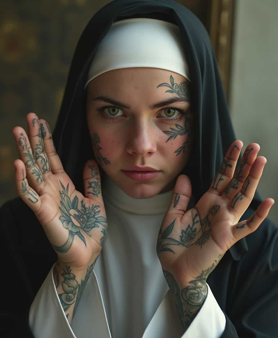 A nun with tattoos, holding up her hands to the camera, in a hyper-realistic style. 