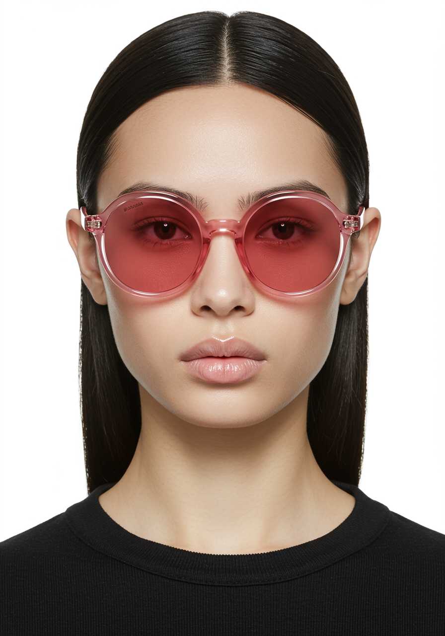 A model wearing pink round Balenciaga sunglasses with thick frames, large lenses, and clear plastic material. The glasses have a bold design that includes round shapes and smooth edges. They feature an oversized shape with wide lens clarity for full face protection in bright light conditions. Her hair is styled straight back from the forehead, creating a sleek look against her white background. She has a white skin tone, with glossy lips, looking directly at the camera.
