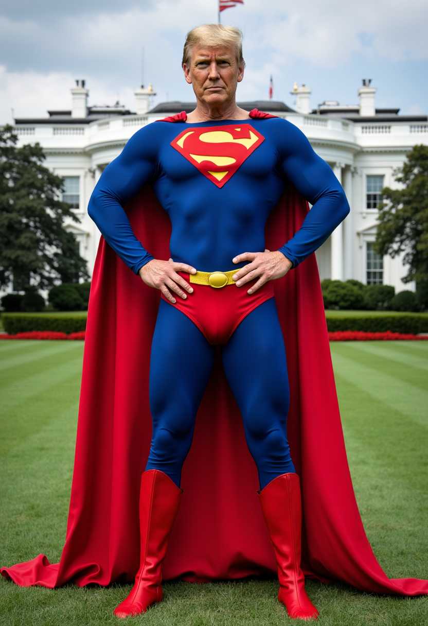a photo of MAGA, a MAGA man dressed as Superman,  red boots, muscles, strong, flat abs, wearing a red, white, blue cape background the government WhiteHouse 