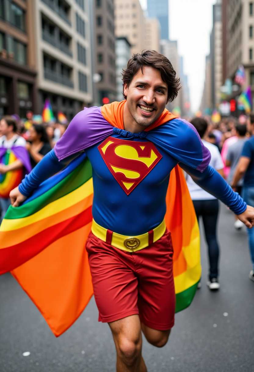 a photo of WACKO, a man wearing a rainbow 🌈 color super gay hero outfit rainbow color cape, WACKO is smiling at viewer and is flying over a Pride Parade 
