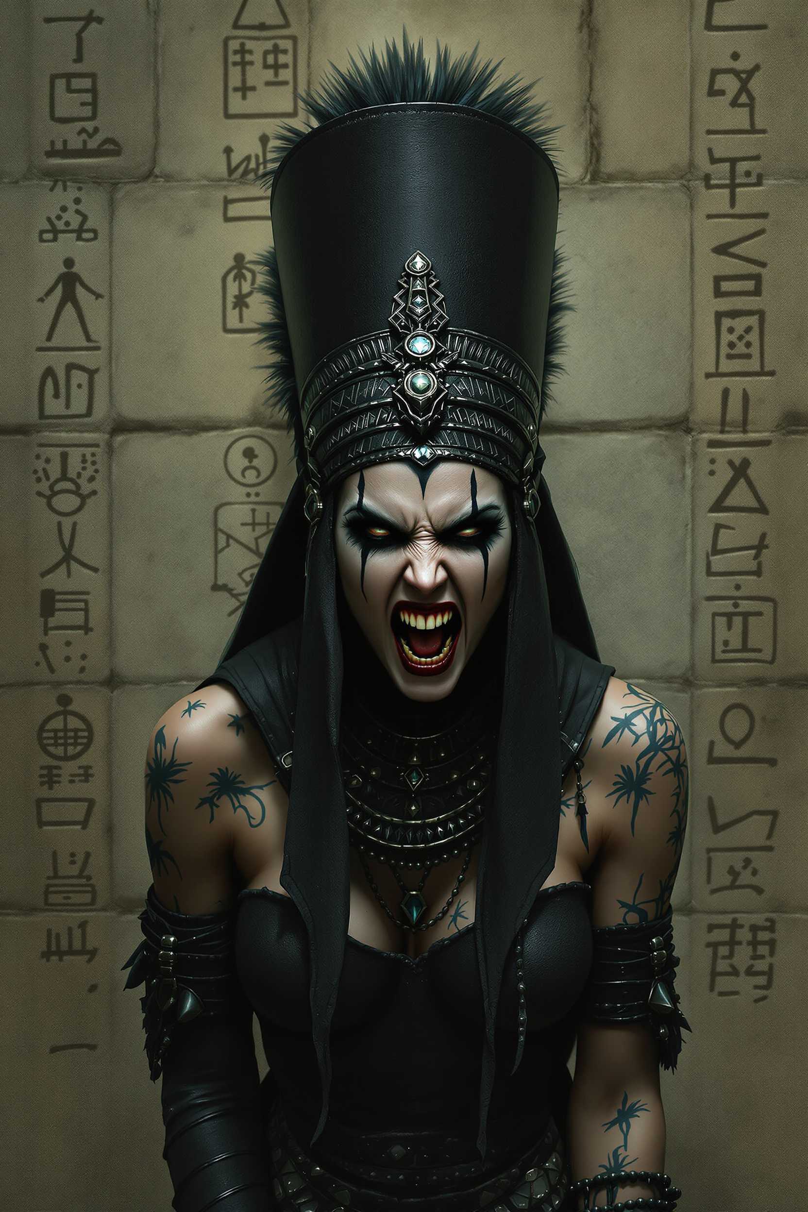 A Goth woman with heavy makeup, extensive facial markings and tattoos, wearing a black egyption style headdress, mouth open in an angry scream, bg stone wall with hieroglyphs, main colour palette black and dark greens, airbrushed fantasy art