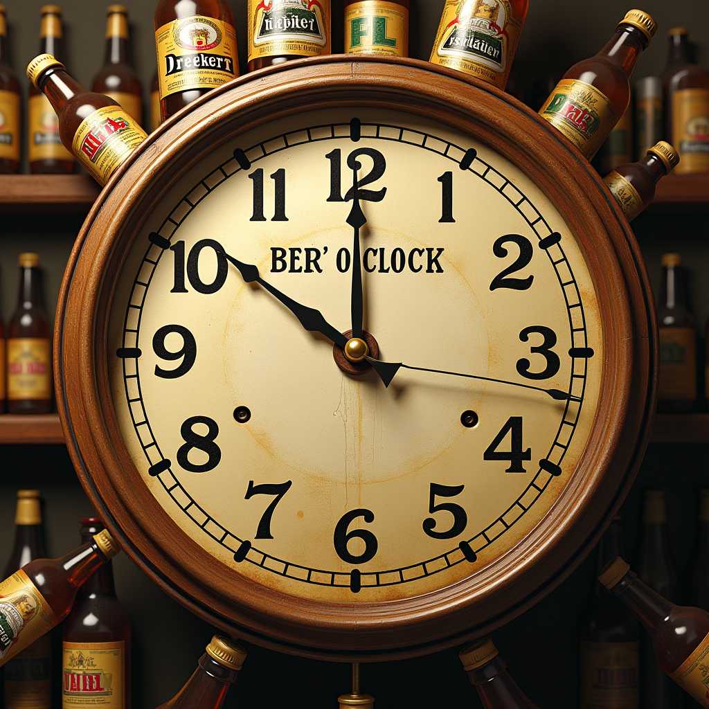 Hyper detailed realistic detailed clock, with beer bottles where numbers are text saying it's beer o'clock somewhere