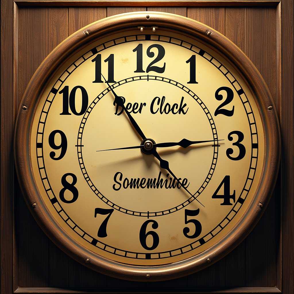 Hyper detailed realistic detailed clock, with beer bottles where numbers are text saying it's beer o'clock somewhere
