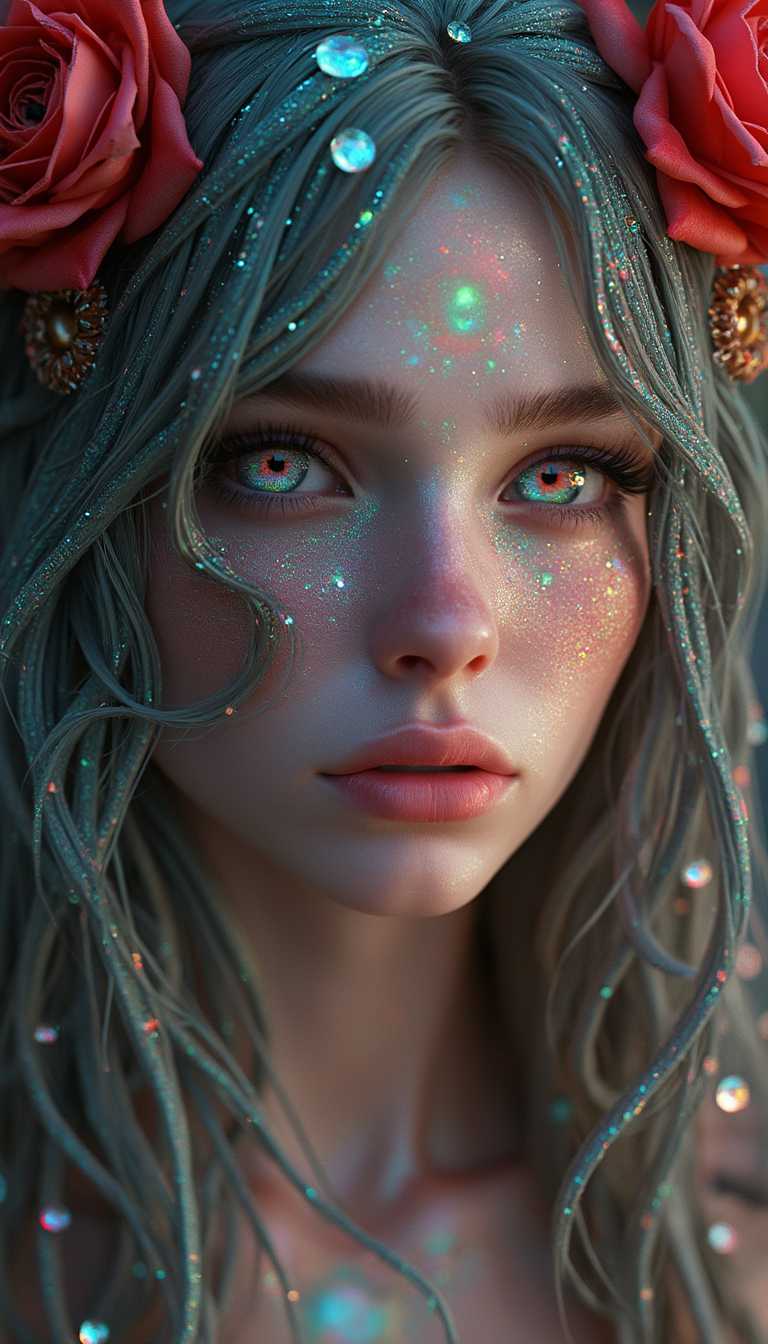 woman with Labradorite hair, scarletred roses, photorealistic picture, ultradetailed, 3D-render, 8K, create a Labradorit textured face of a trance woman looking at camera, colorful eyes