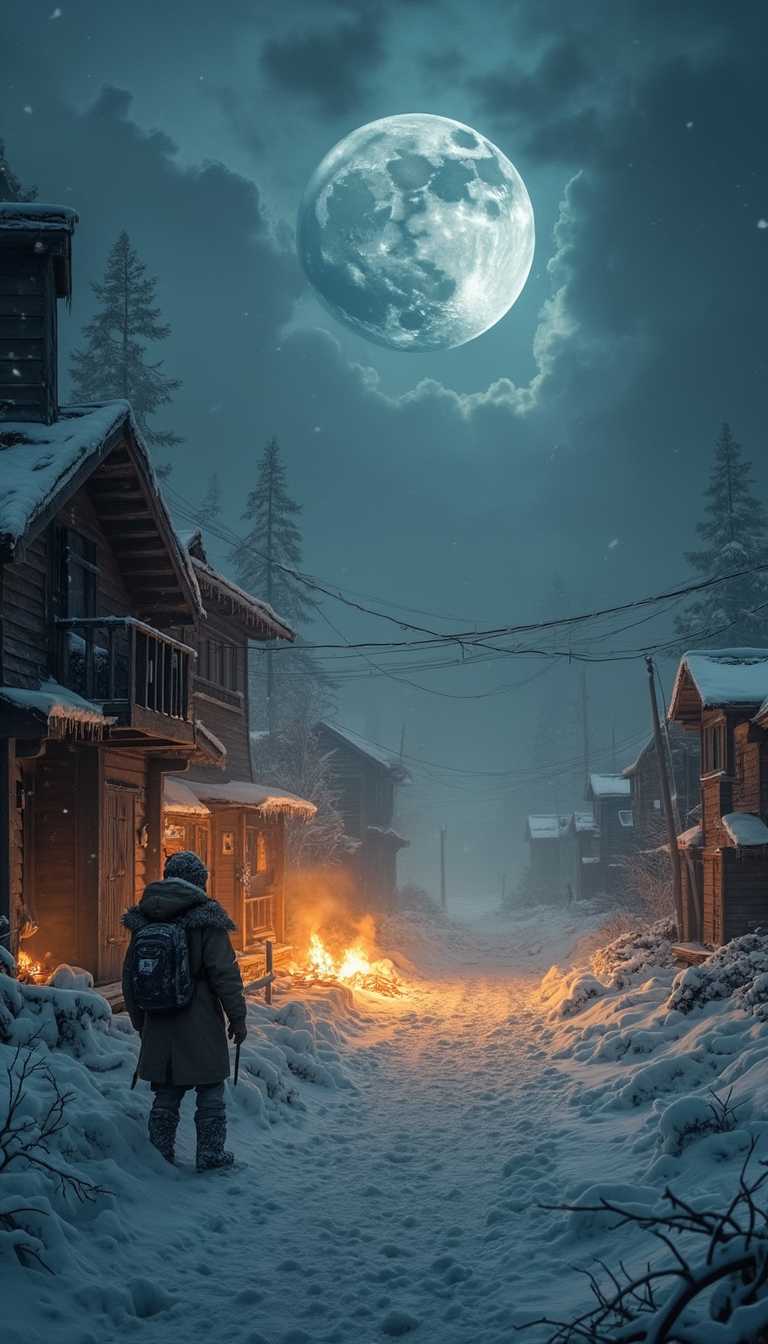 The earth is completely covered in ice, huge storms are bringing down snow. The moon illuminates the world with a dim light, but everywhere is cold and silent. The survivors try to keep warm by lighting fires among the frozen buildings.