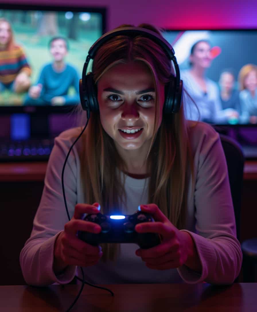 young woman playing video games