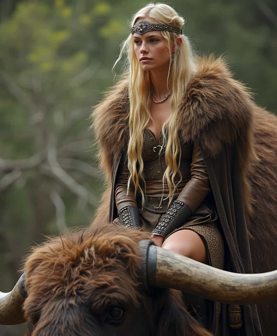 The warrior woman with blonde long hair in Viking dress is sitting on a huge mammoth.