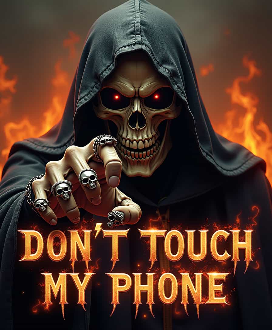 A highly detailed and aggressive skull with a sinister grin, partially covered by a dark, tattered hood. The skull's skeletal hand is reaching forward in a threatening pose, adorned with metallic skull rings and chain bracelets. The background is engulfed in intense flames and smoke, creating a fiery and dramatic effect. The phrase 'DON'T TOUCH MY PHONE' is prominently displayed in a bold, stylish, metallic font with a fiery texture, seamlessly blending into the overall theme. The image has a dark, gothic, and menacing vibe with a high level of detail and realism