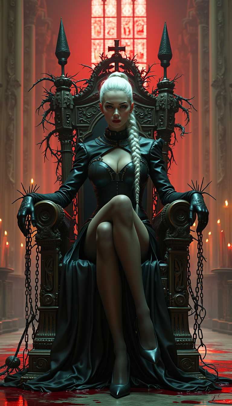 The full figure of the Beautiful but undead Cenobit like from Clive Barker, wearing a slim-fit black leather uniform skirt, is breathtakingly beautiful, with a slender and elegant figure sitting on a throne. She sits sideways on the throne, sitting with one leg crossed over the other, with very long, shapely legs in nylon thigh-high stockings and high heels, radiating confidence and grace with it. One hand is gracefully placed on her leg. The throne is covered with plants, thorns and ornaments, intertwined with tree roots, and gives an impression of majesty and grandeur. The scene is set in the middle of a cathedral where the columns are covered with many chains and hooks, blood and mould and candles are everywhere. Behind them in the background is a large stained glass window through which red light penetrates the cathedral and illuminates the throne. On the ground, are pools of blood in which the light reflects. Her braided white hair in a high long ponytail flows down her back in stark contrast to the background. Majestically behind her are soaring flags on spears, their surfaces carved with intricate patterns. Her expression is one of regal confidence and calm, radiating the leading presence of the queen who rules this realm. The entire image is rendered in digital art with a combination of 3D modelling, screen printing and vector art. Photorealistic, 34k, hyperrealistic, best quality, Sony Alpha a7 IV and captures every detail - from the intricate patterns on her clothing to the breathtaking interplay of light across the area. many chains and hooks, blood and mould