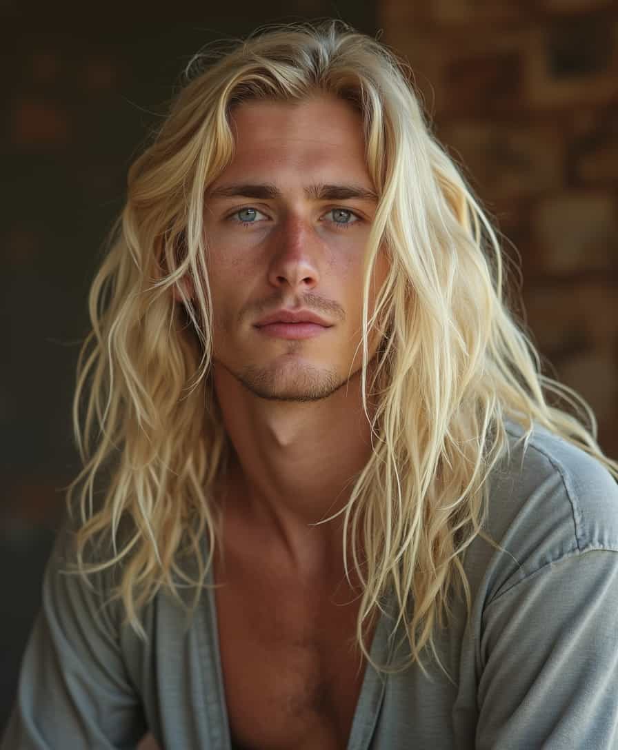 Male beautiful blond albino in his thirties with long hair