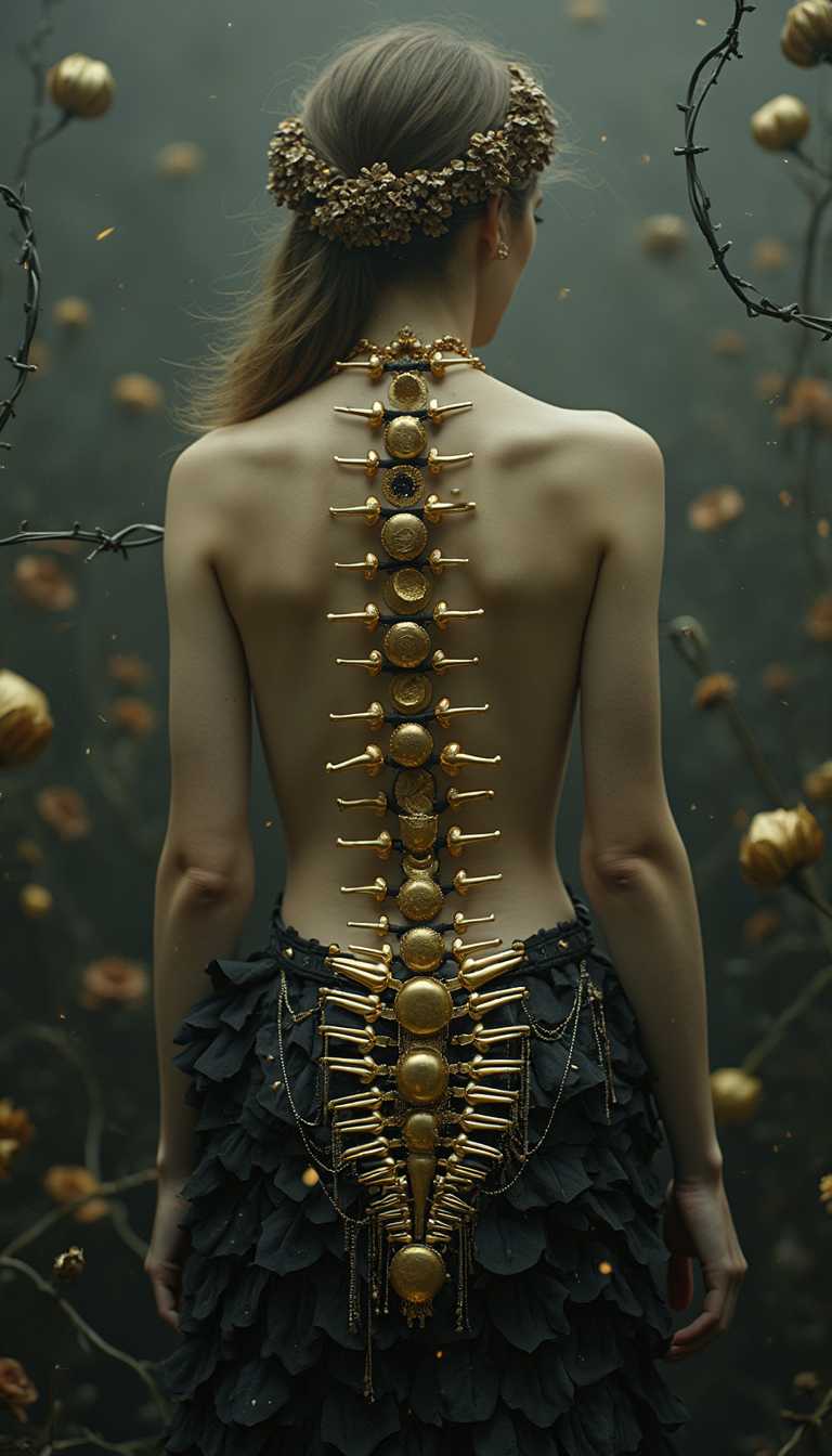collodion ethereal blurry photography of a beautiful back of a female model with golden moon crescents spine with spikes, buckles, plastic wrap, pearls, golden moon and golden stars on her back, dark flowers background, motion blur, barbwires frame, perfect pose, masterpiece 